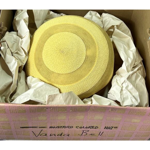 VTG 1950s Golden Straw Pillbox Hat with Ribbon Trim Fishmans Dept Store w/ Box - Picture 9 of 13
